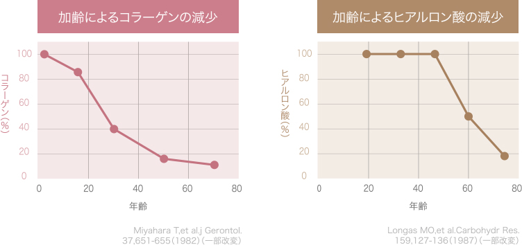 加齢とともにコラーゲンやヒアルロン酸は減少。見た目の印象を大きく左右します。早いタイミングでケアすることが大切です。